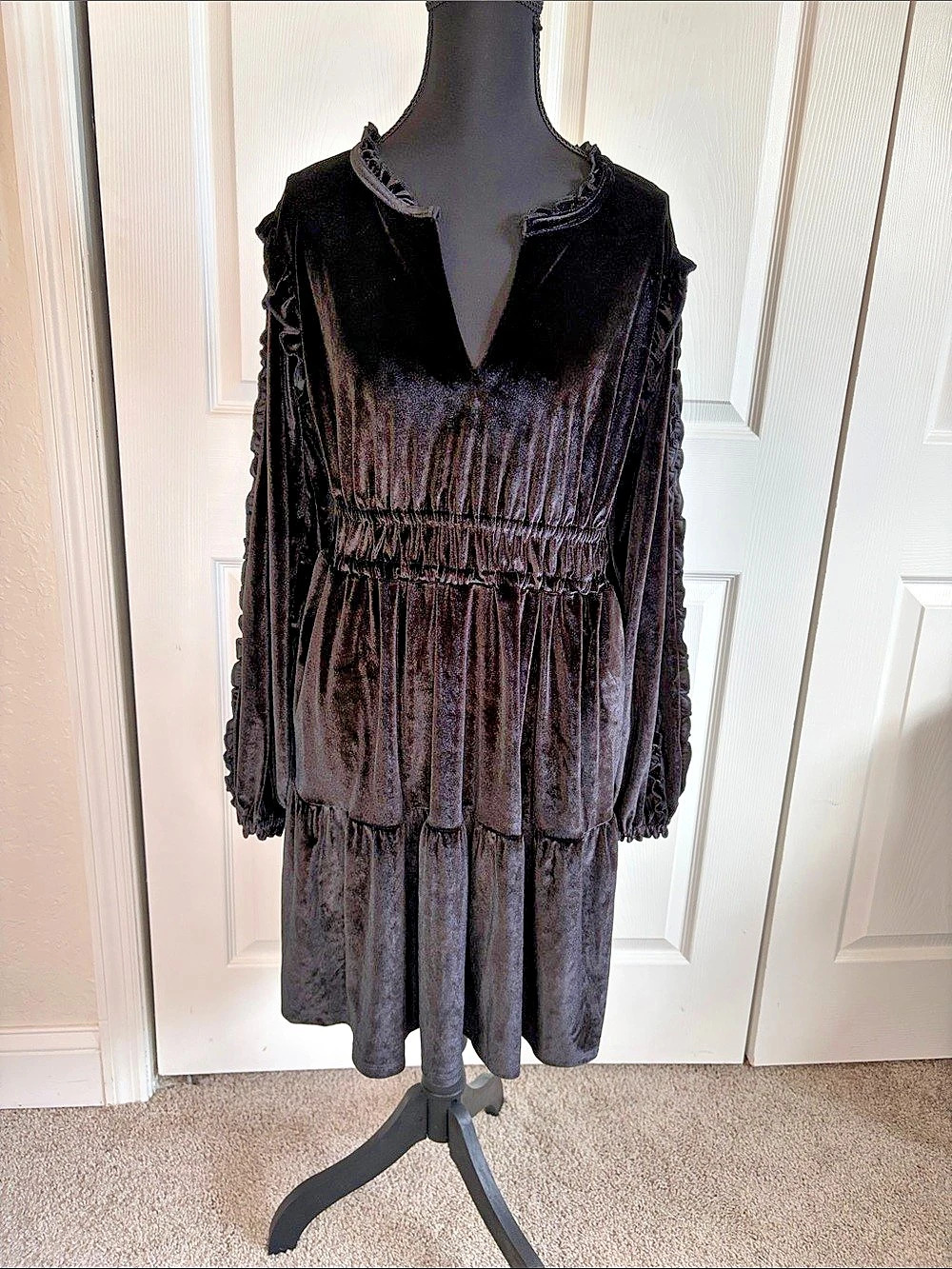 Spartina 449 Black Velvet Tiered Mini Dress Ruffles M Goth Whimsigoth Witchy